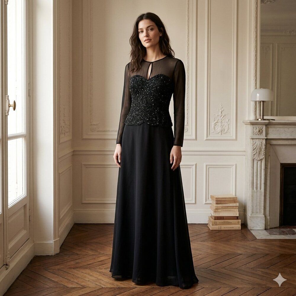 J Kara black illusion neckline maxi formal gown size 6